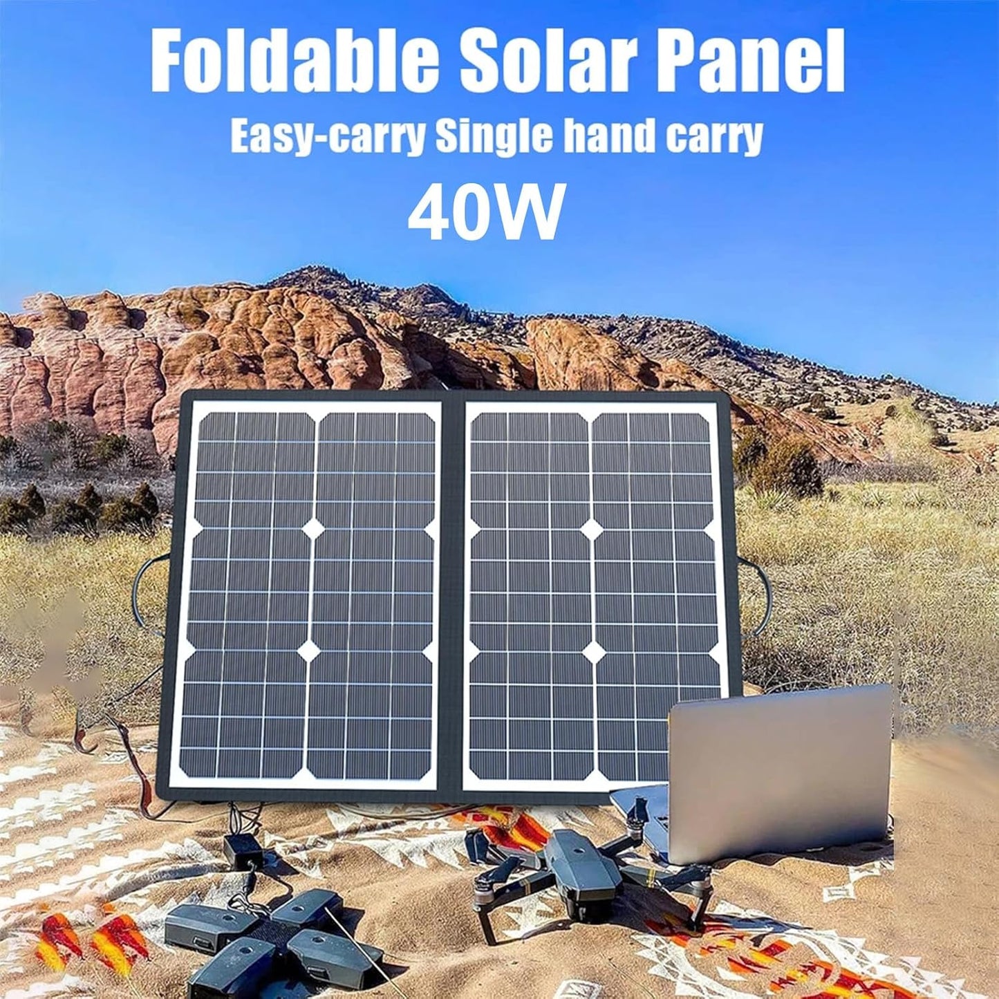 Fitlybuy SolaraX foldable solar panel in a desert landscape charging a drone and laptop on a patterned blanket.
