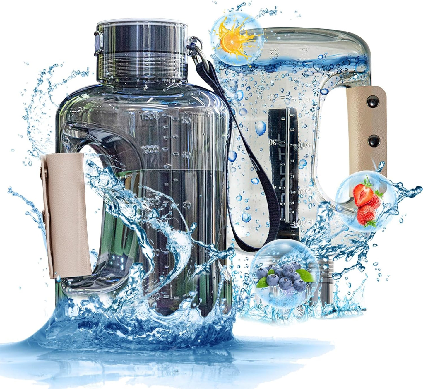 Clear Fitlybuy hydrogen water bottle with a beige handle, electrolysis base, and dynamic water splash background.