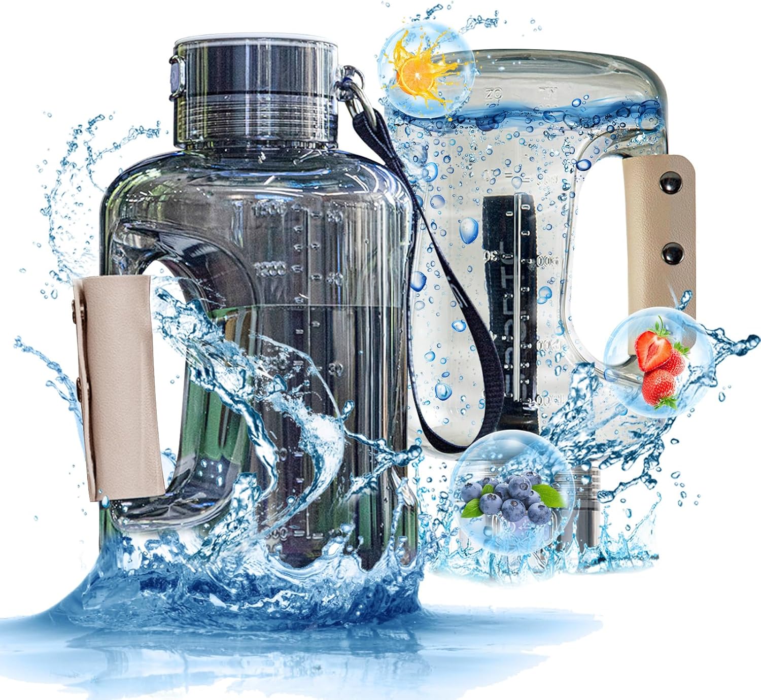 Clear Fitlybuy hydrogen water bottle with a beige handle, electrolysis base, and dynamic water splash background.