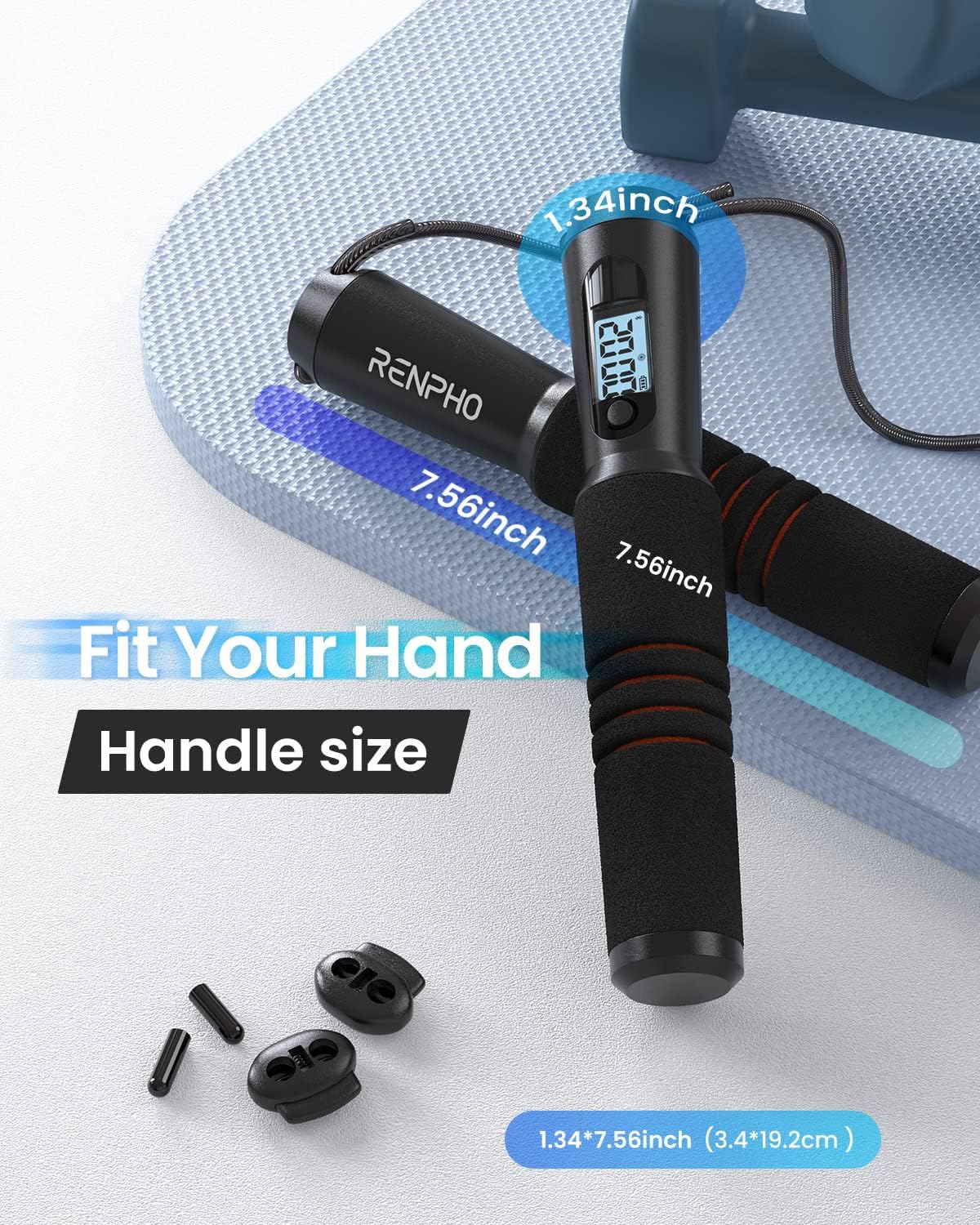 Black Fitlybuy smart jump rope with digital tracker display, ergonomic foam handles, and parts on a blue gym mat.