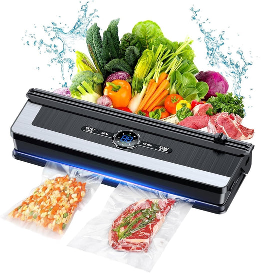 Fitlybuy 8-in-1 black and silver vacuum sealer with built-in cutter, sealing food bags amidst fresh produce and water.