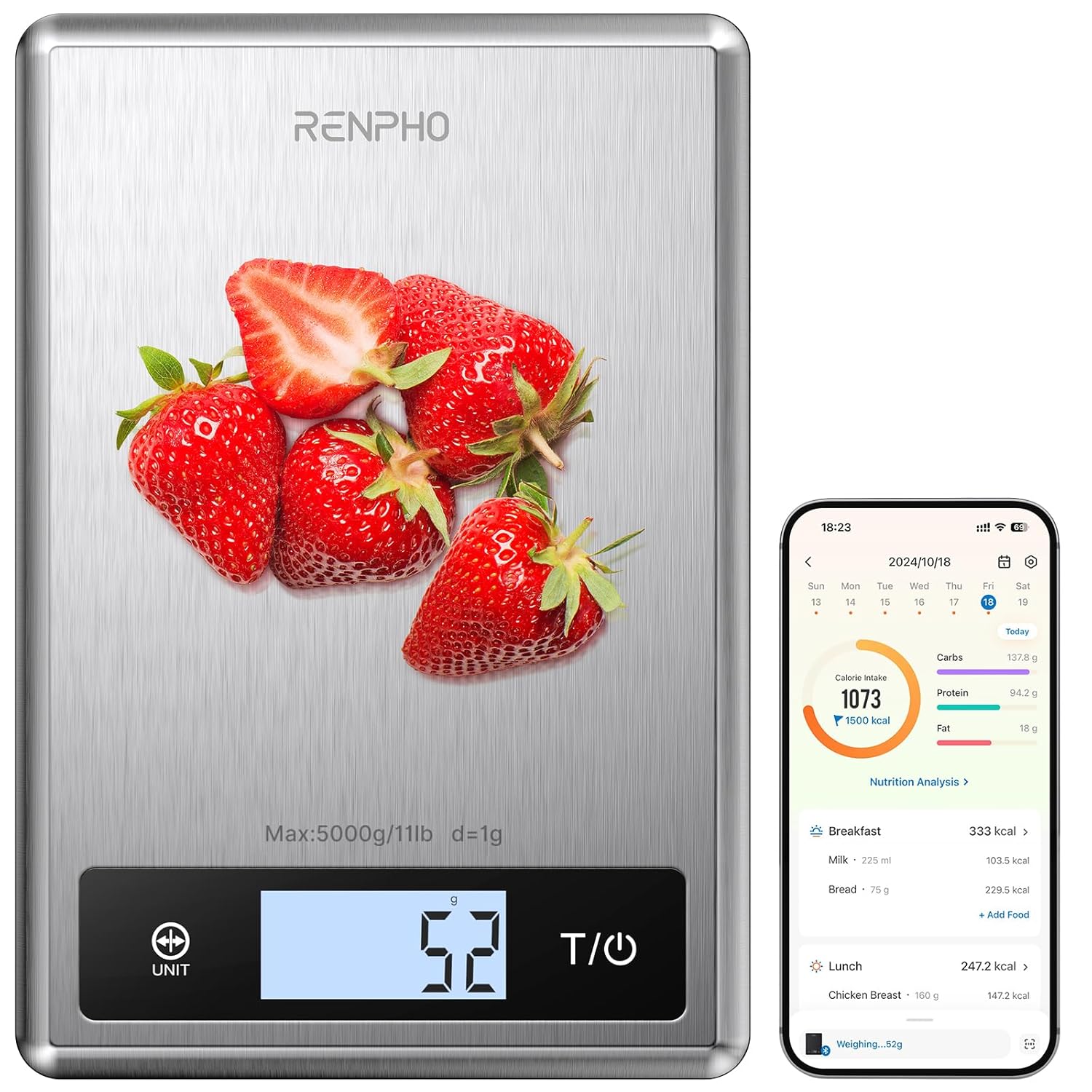 Fitlybuy Calibra 1 stainless steel smart nutrition scale with strawberries, digital display, and nutrition tracking app.