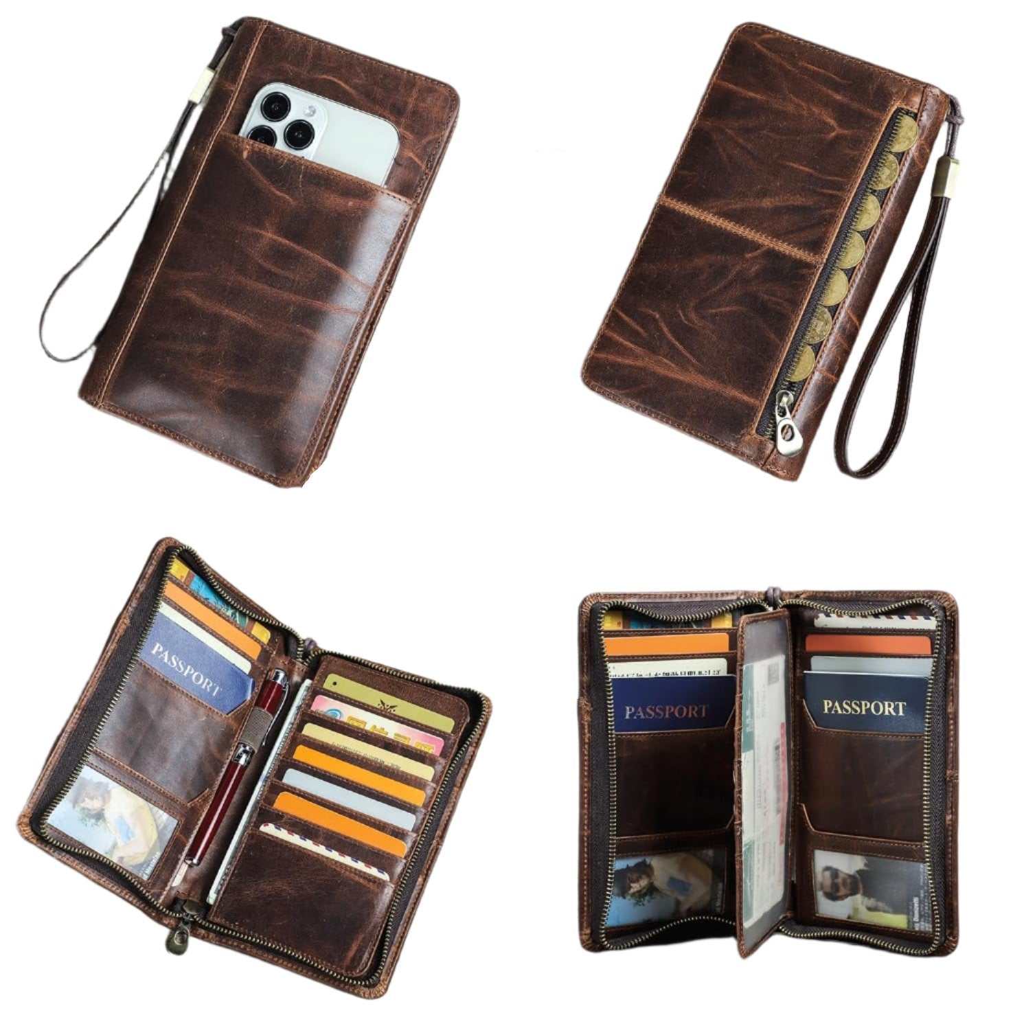 Brown leather RFID passport holder with wrist strap, phone pocket, coin zipper, and multiple card slots.