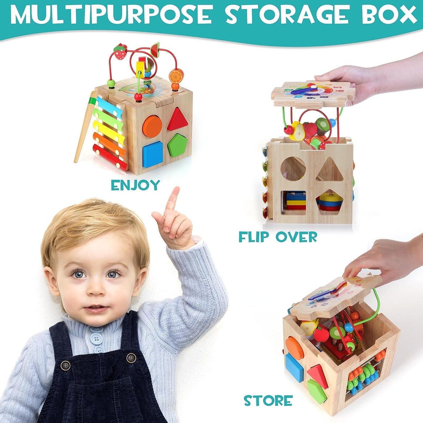 Fitlybuy 8-in-1 wooden Montessori activity cube with bead maze, xylophone, clock, and shape sorter storage.
