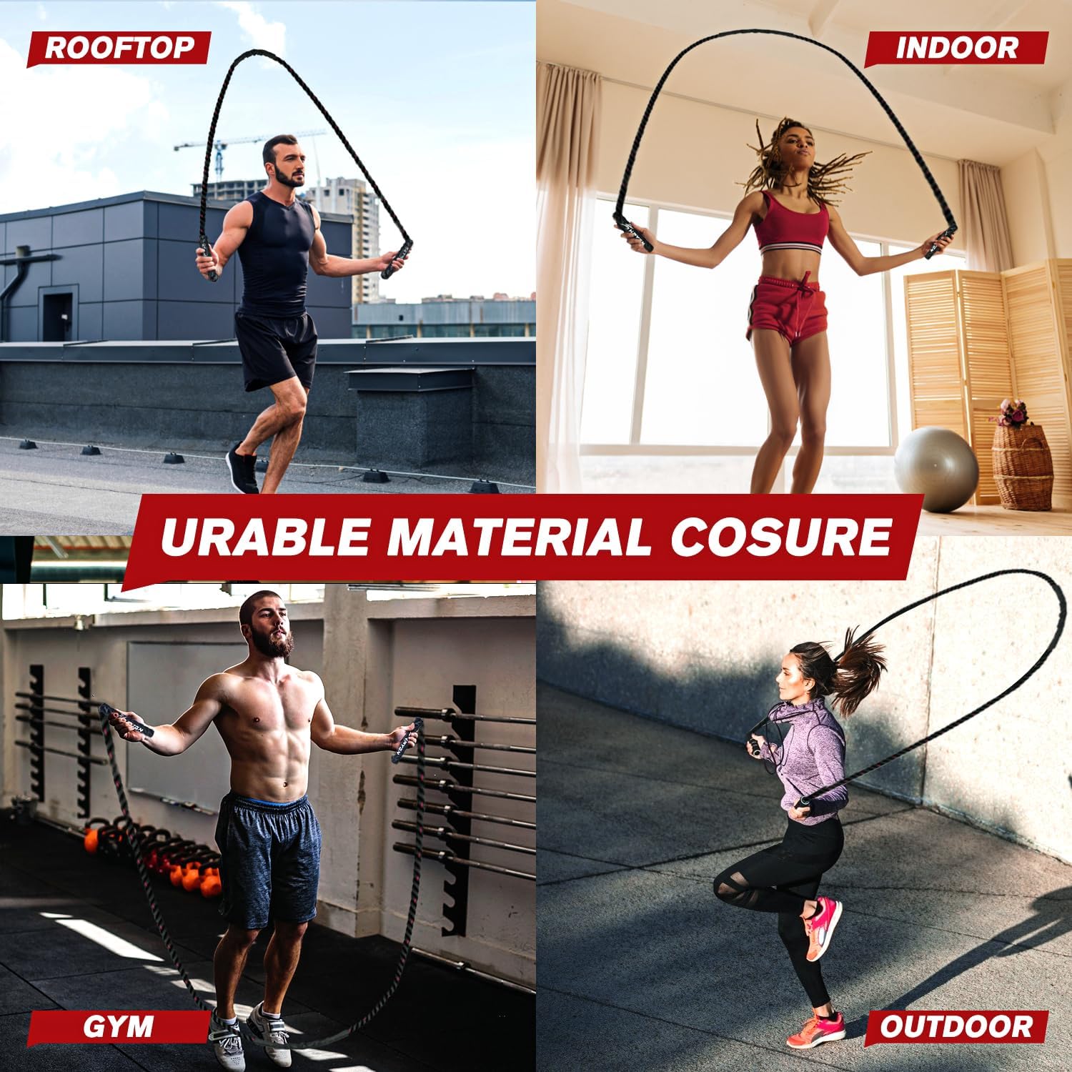Four-panel collage showing people using the Fitlybuy PowerJump black adjustable weighted skipping rope in various settings.