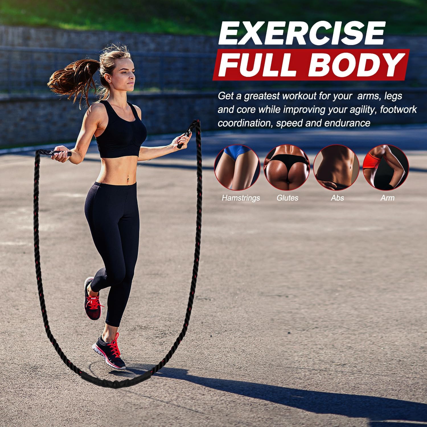 Woman jumping with a black Fitlybuy weighted skipping rope, demonstrating a full-body workout outdoors.