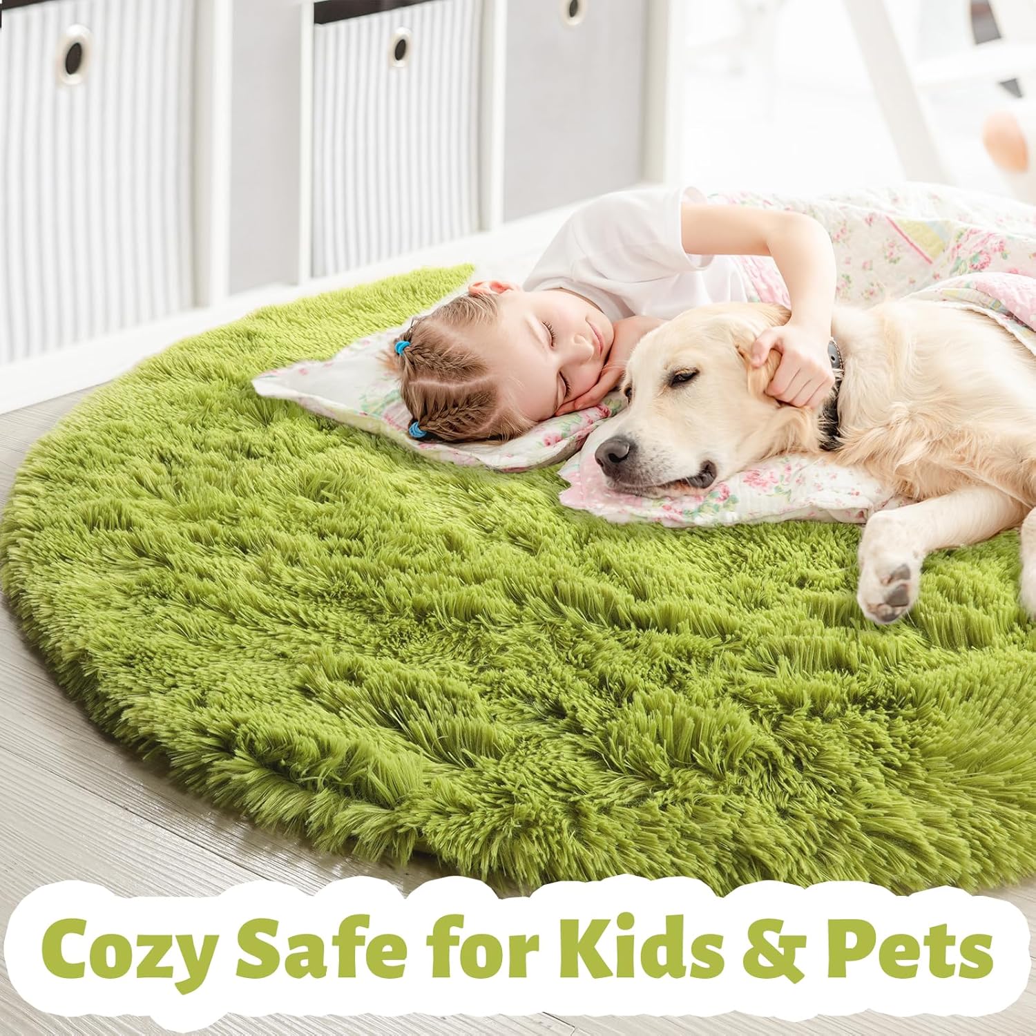 Child and dog sleeping on a soft, round lime-green Fitlybuy FluffyMat rug with plush CozyCloud texture.