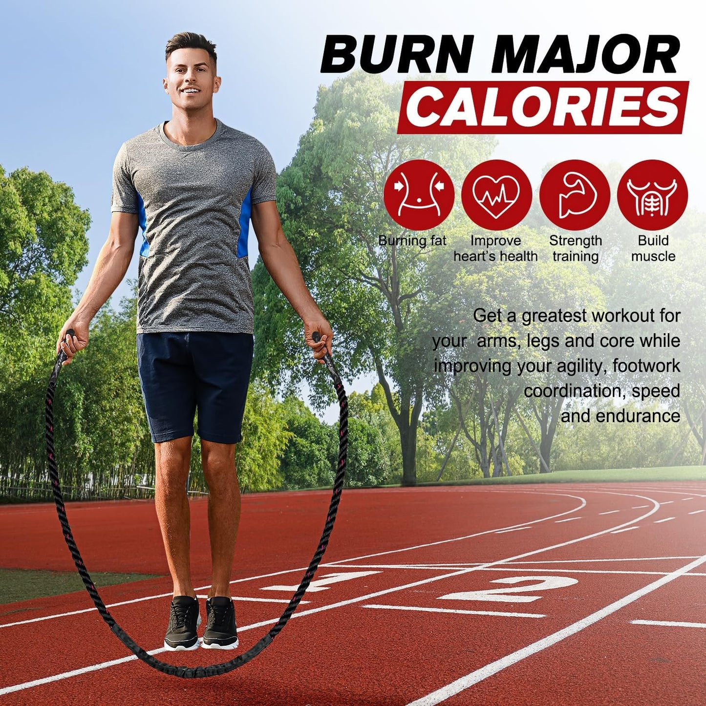 Man on running track using Fitlybuy PowerJump heavy black weighted skipping rope for fitness and calorie burning.