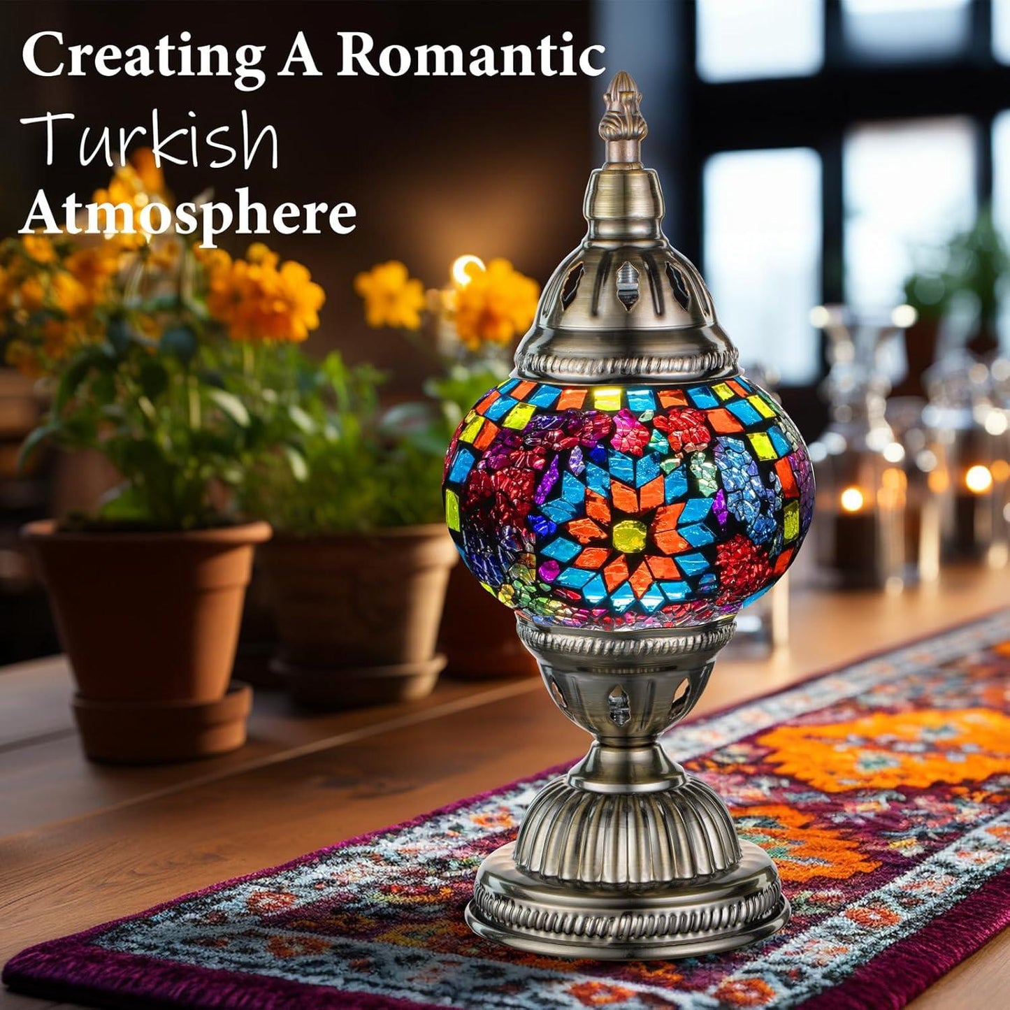 Fitlybuy Marrakech Turkish table lamp with colorful mosaic glass and a bronze base on a table with a patterned runner.