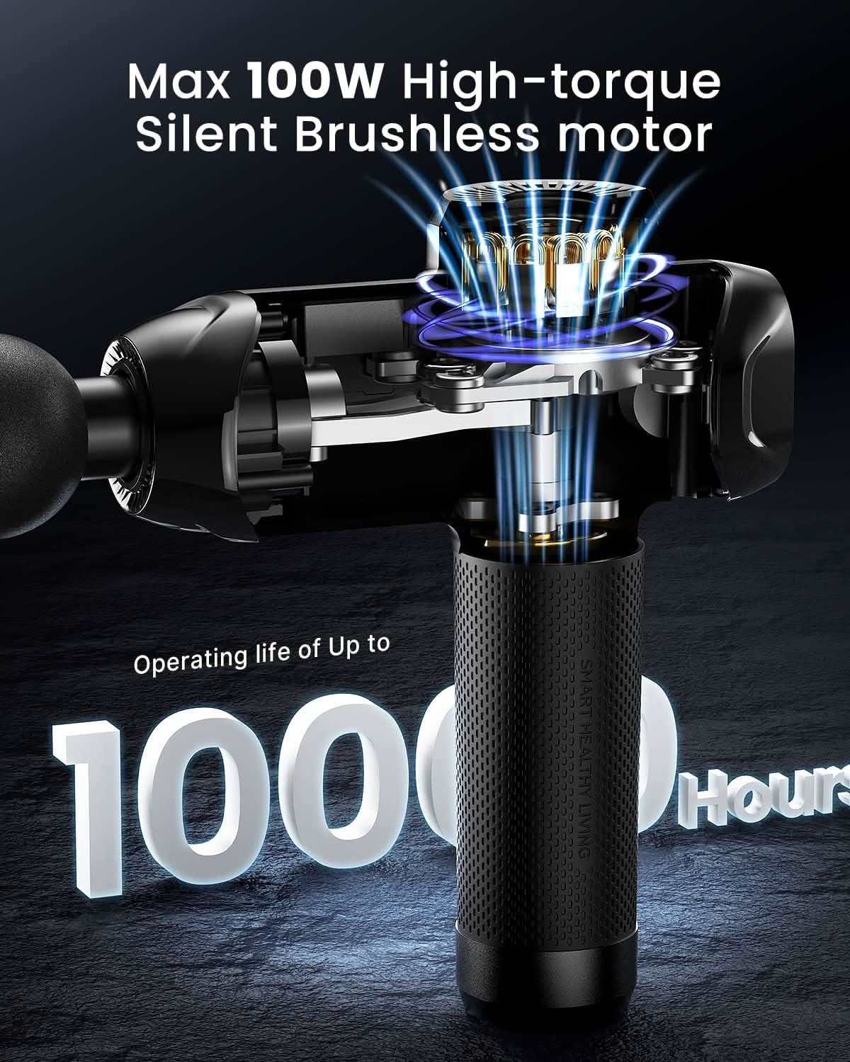 Cutaway view of black Fitlybuy Power Massage Gun showing 100W brushless motor, heat technology, and 1000-hour lifespan.
