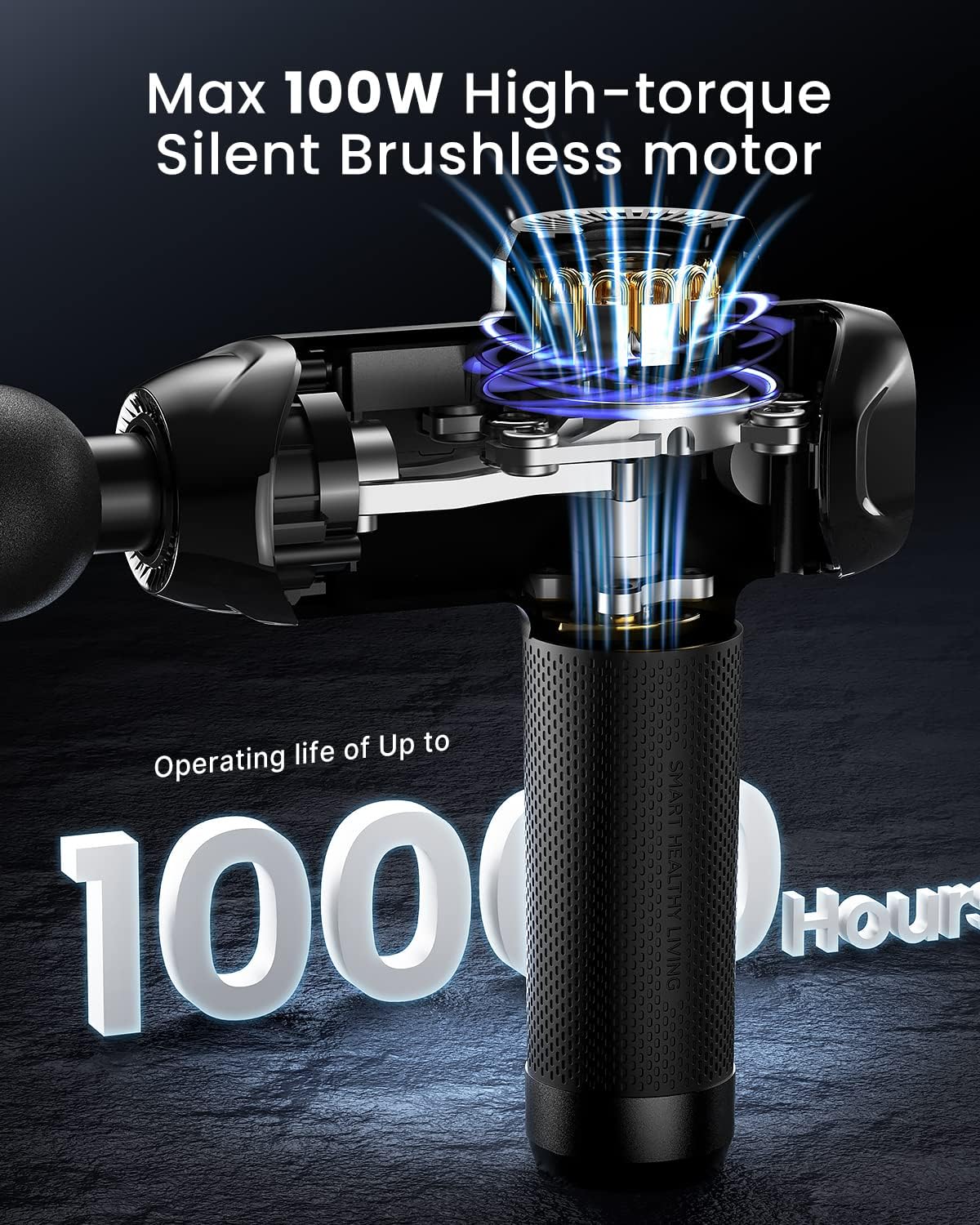 Fitlybuy black massage gun showing inner 100W brushless motor and 1000-hour motor life text on a dark background.