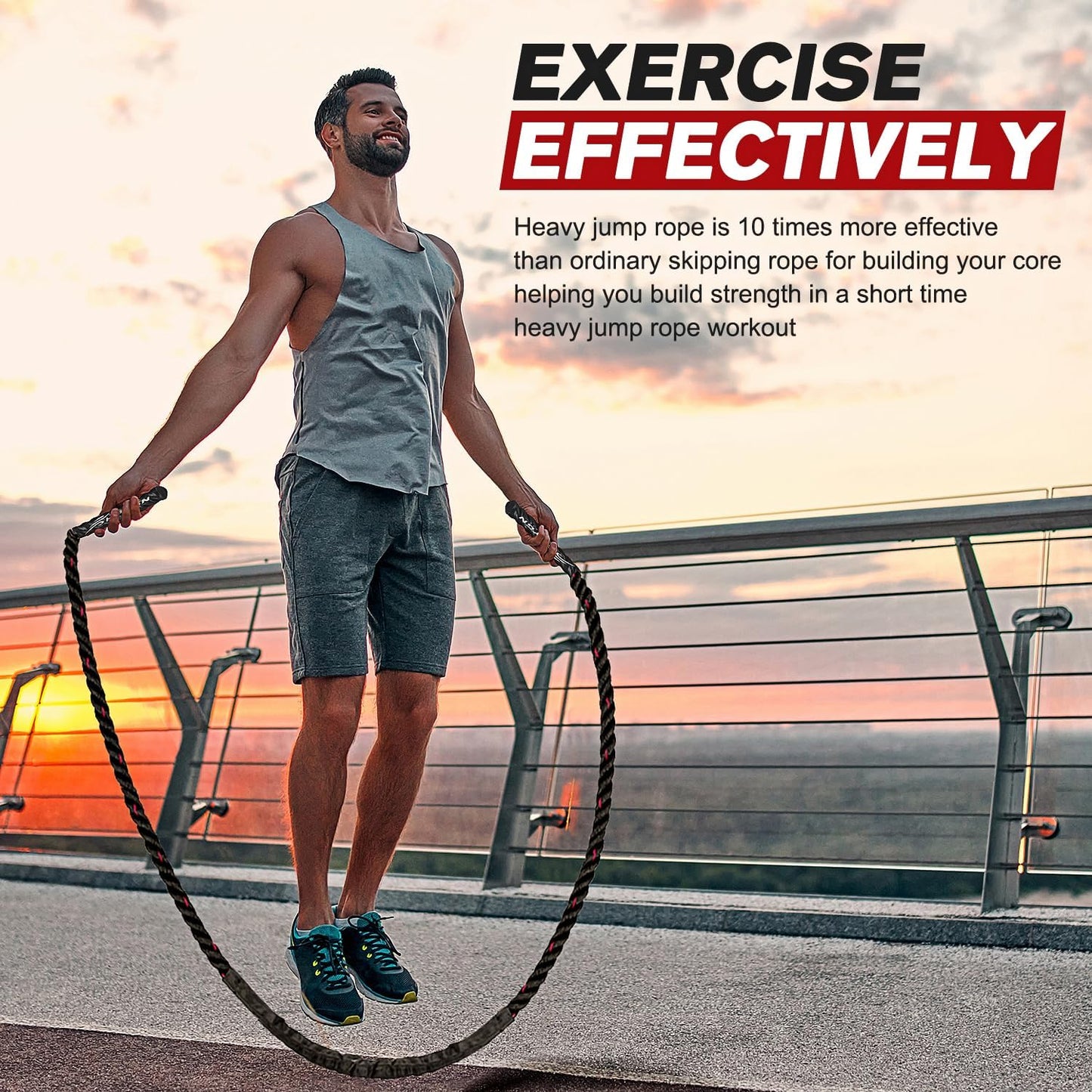 Man jumping rope with Fitlybuy PowerJump, a thick, black weighted skipping rope, during a scenic outdoor sunset.