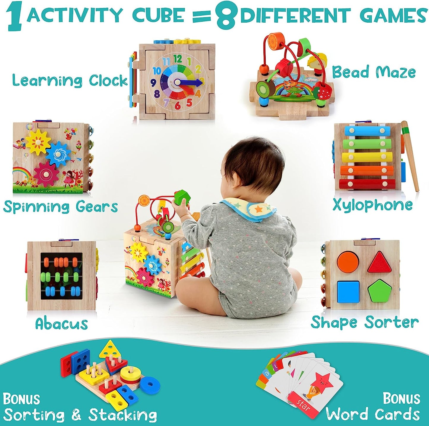 Fitlybuy 8-in-1 wooden Montessori activity cube featuring a clock, bead maze, xylophone, gears, abacus, and shape sorter.