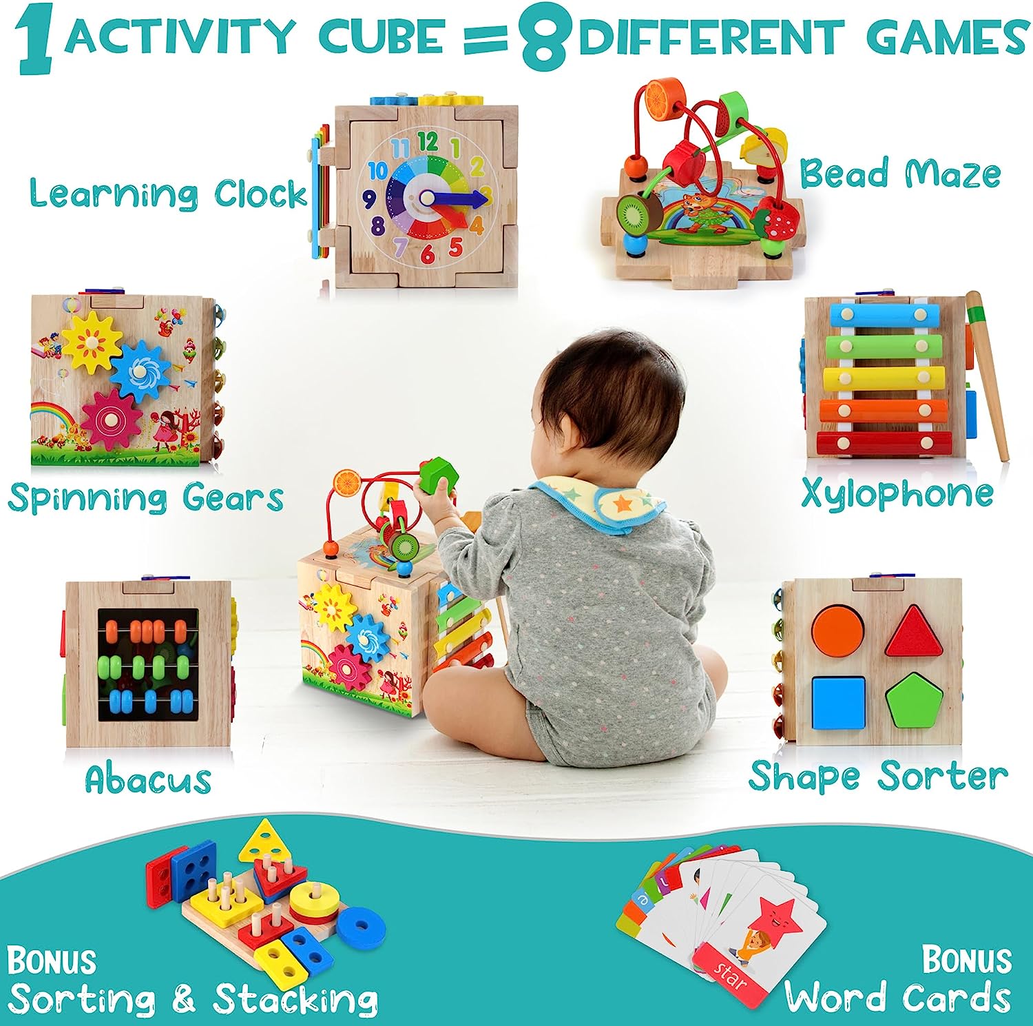 Fitlybuy 8-in-1 wooden Montessori activity cube featuring a clock, bead maze, xylophone, gears, abacus, and shape sorter.