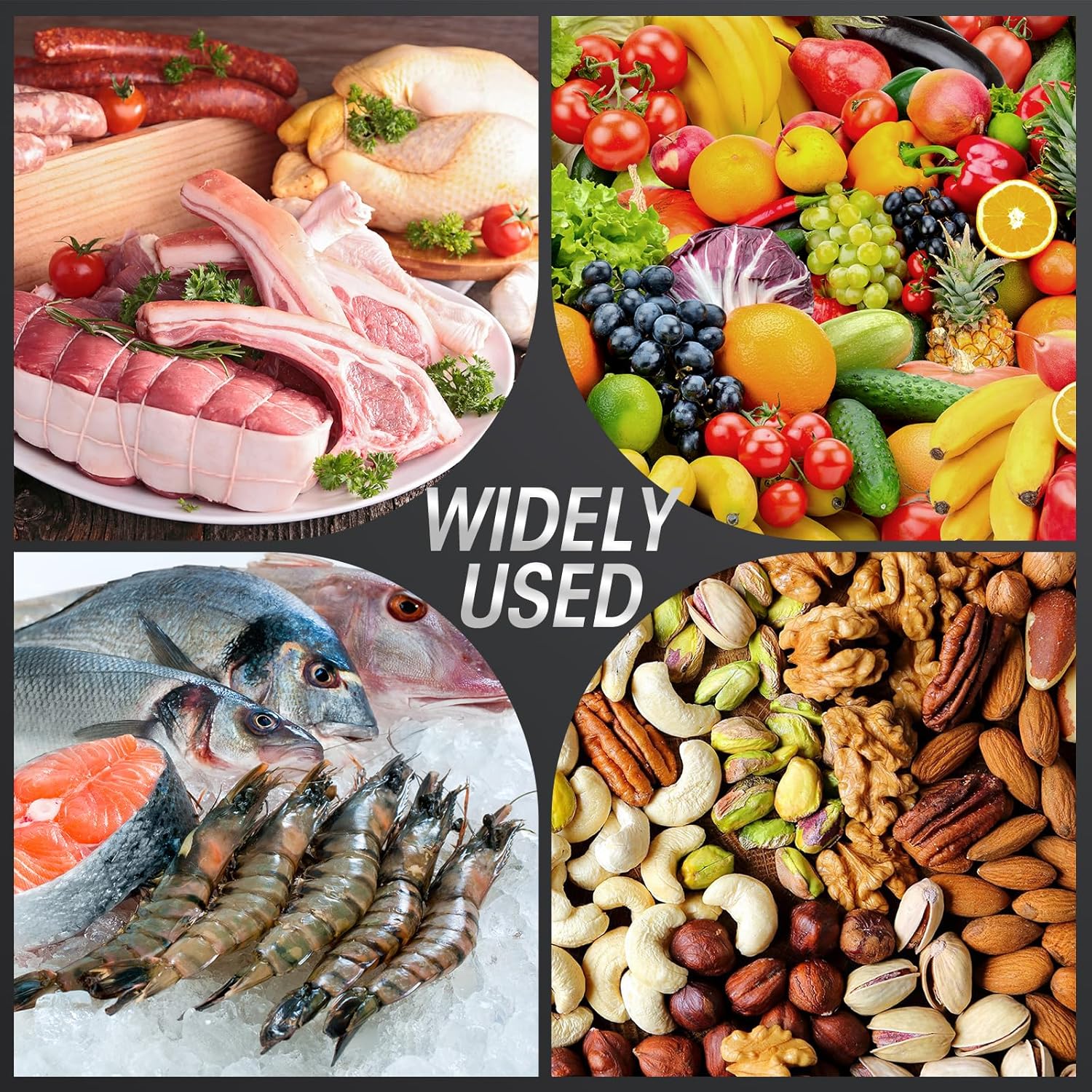 Fitlybuy 8-in-1 vacuum sealer images show fresh meat, produce, seafood, and nuts to highlight food preservation uses.