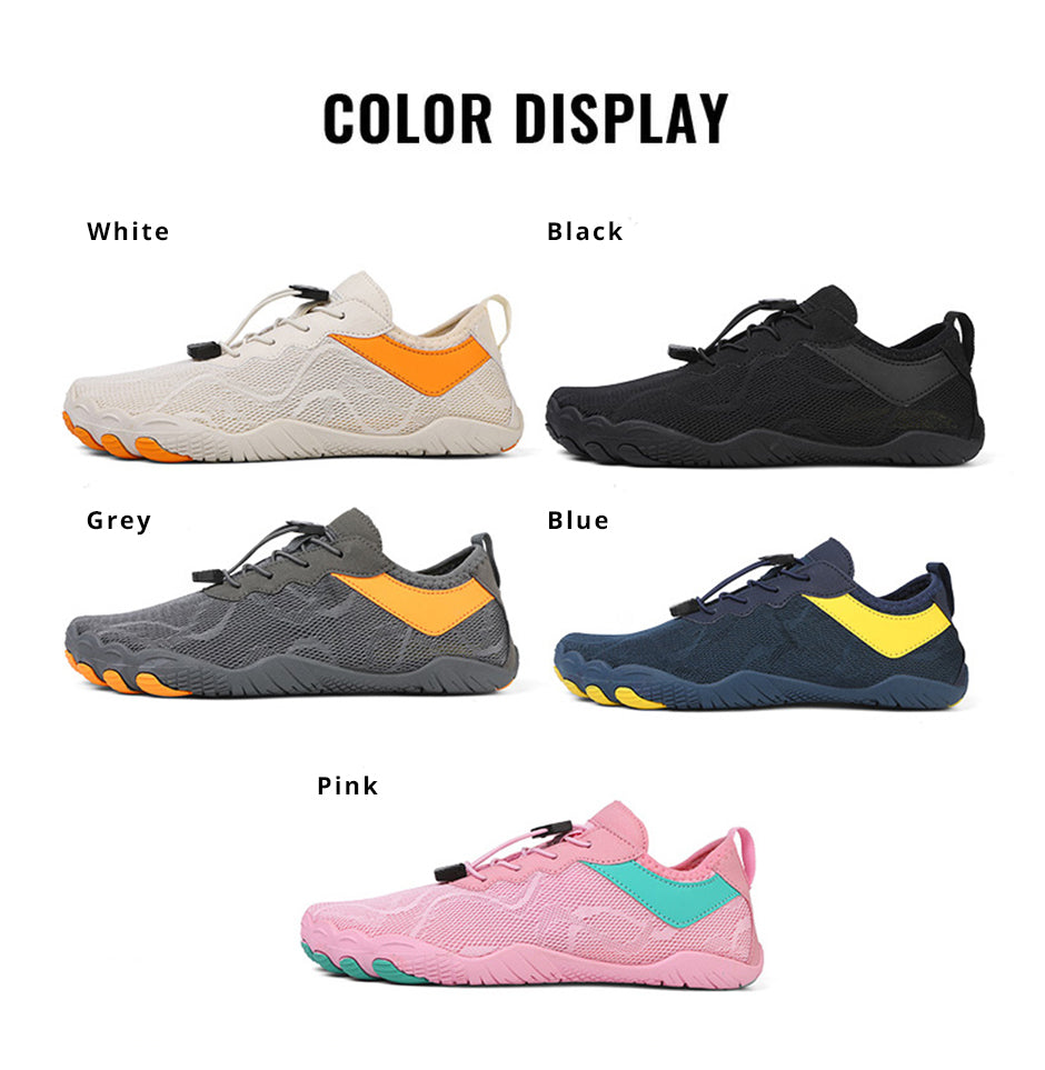 Five colors of Fitlybuy AquaStep non-slip, quick-dry barefoot shoes with toggle lacing and traction soles.