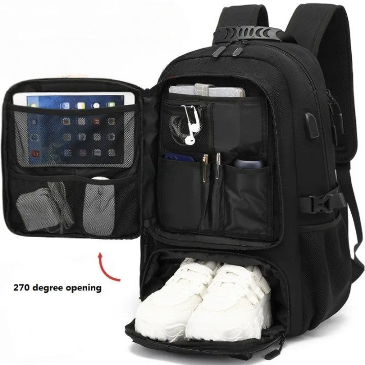 Black Fitlybuy Tech Trek Pro backpack with 270-degree opening, organizer pockets, USB port, and bottom shoe compartment.