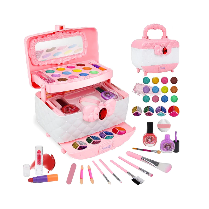 Fitlybuy pink and white princess makeup vanity case with play cosmetics, brushes, nail polish, and mirror.