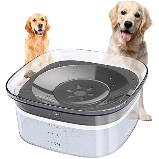 Fitlybuy anti-spill pet water bowl with clear base, grey floating tray, and measurement markings, with two dogs.