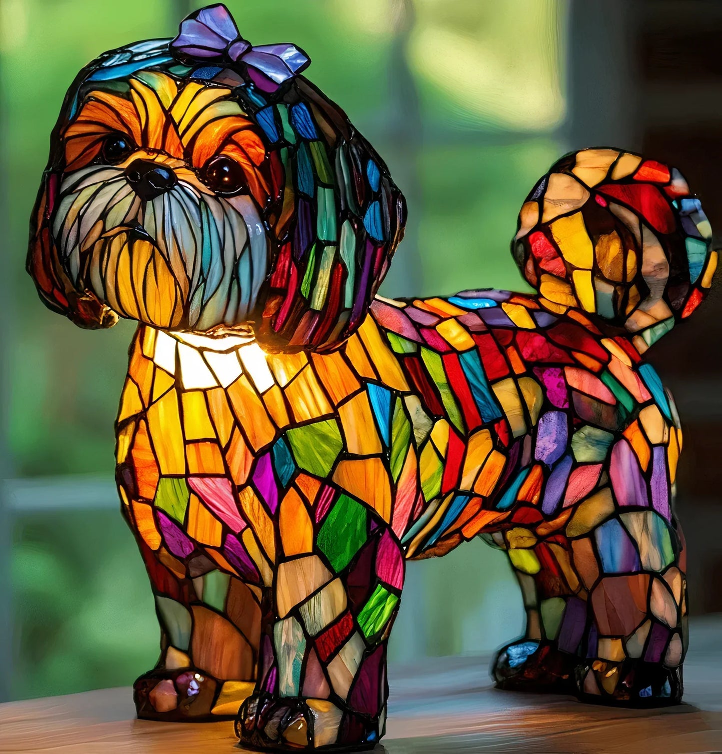 Fitlybuy GlowPaw stained-glass dog lamp with colorful handmade acrylic mosaic, glowing on a table surface.