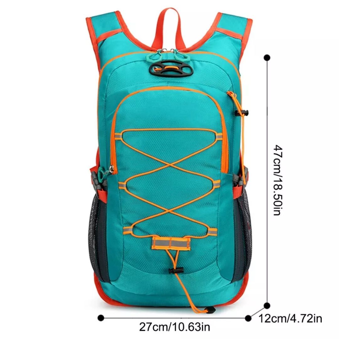 Fitlybuy teal and orange waterproof bike backpack with elastic cord, zipper pockets, and dimensions for reference.