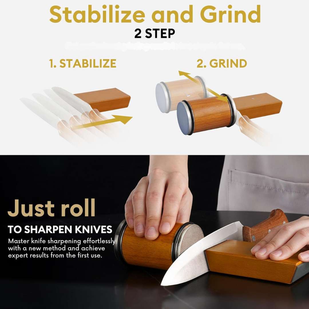 Fitlybuy rolling knife sharpener: A wooden magnetic base and diamond grinding roller sharpening a chef's knife.