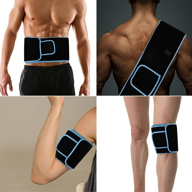 Fitlybuy black and blue infrared red light therapy belt worn on waist, shoulder, arm, and knee for muscle relief.