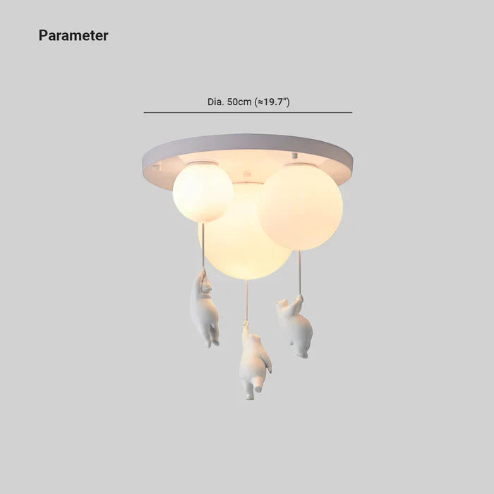 Fitlybuy CloudBear white ceiling light featuring three LED balloon globes with dangling bear figures. 50cm diameter.