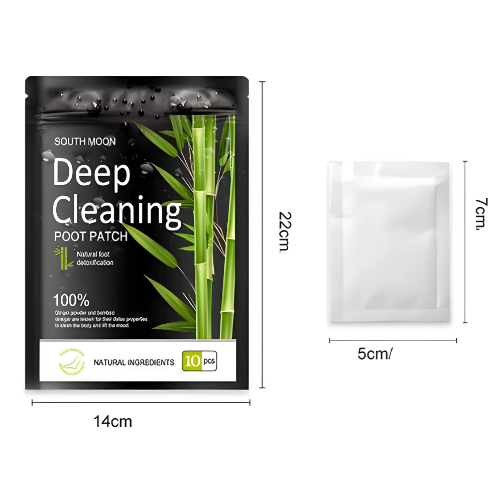 Fitlybuy bamboo foot detox patch 10-pack in black branded pouch with dimension labels, next to a single white patch.
