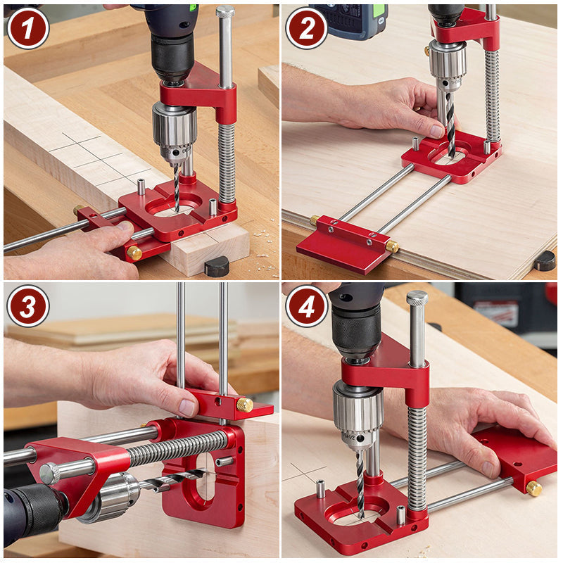 Red Fitlybuy woodworking locator tool shown in 4 steps drilling precise holes in wood with a handheld power drill.