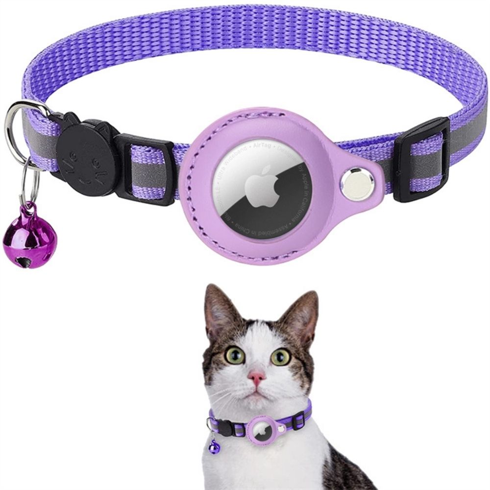Purple reflective cat collar with AirTag holder, safety bell, and buckle, shown on a cat. Fits Apple AirTag.