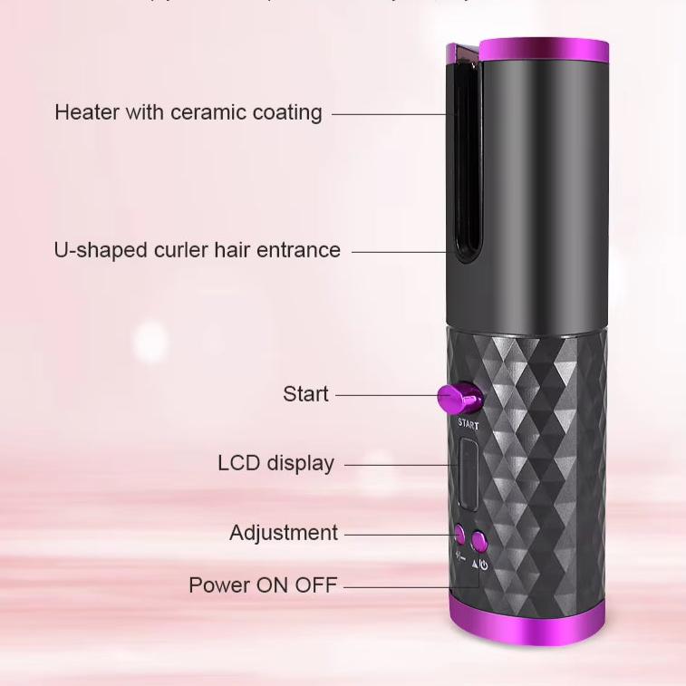 Fitlybuy Amara wireless automatic curling iron in black and purple with labeled ceramic heater, LCD, and control buttons.
