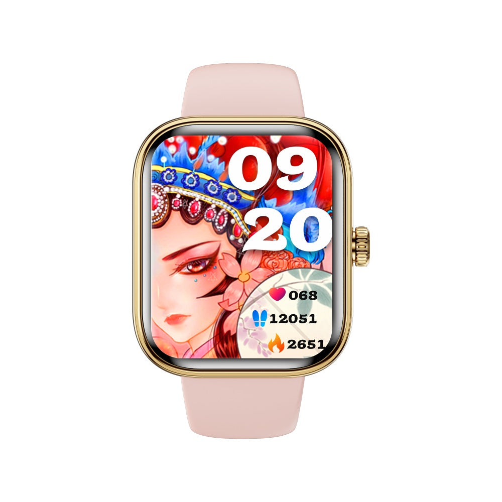 Fitlybuy Kexi-Life gold smartwatch with pink silicone strap, digital display showing time, heart rate, and steps.