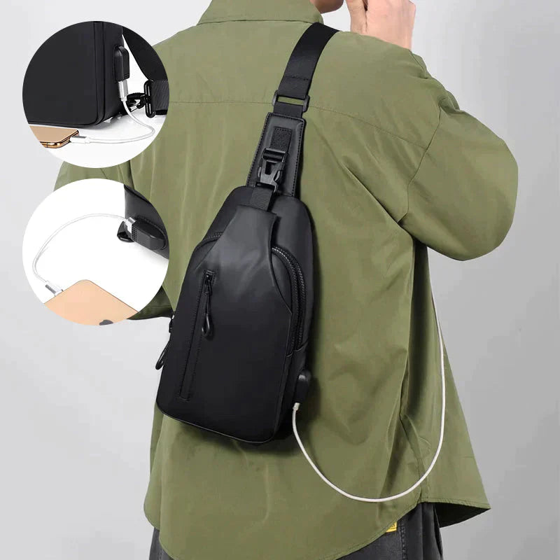 Black waterproof Fitlybuy crossbody bag worn on a person, featuring an integrated USB charging port and secure lock.