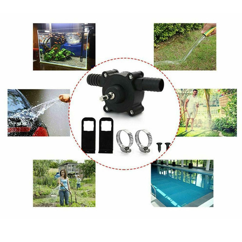Black Fitlybuy self-priming pump kit with hose clamps, shown in use for pool, garden, aquarium, and car washing.