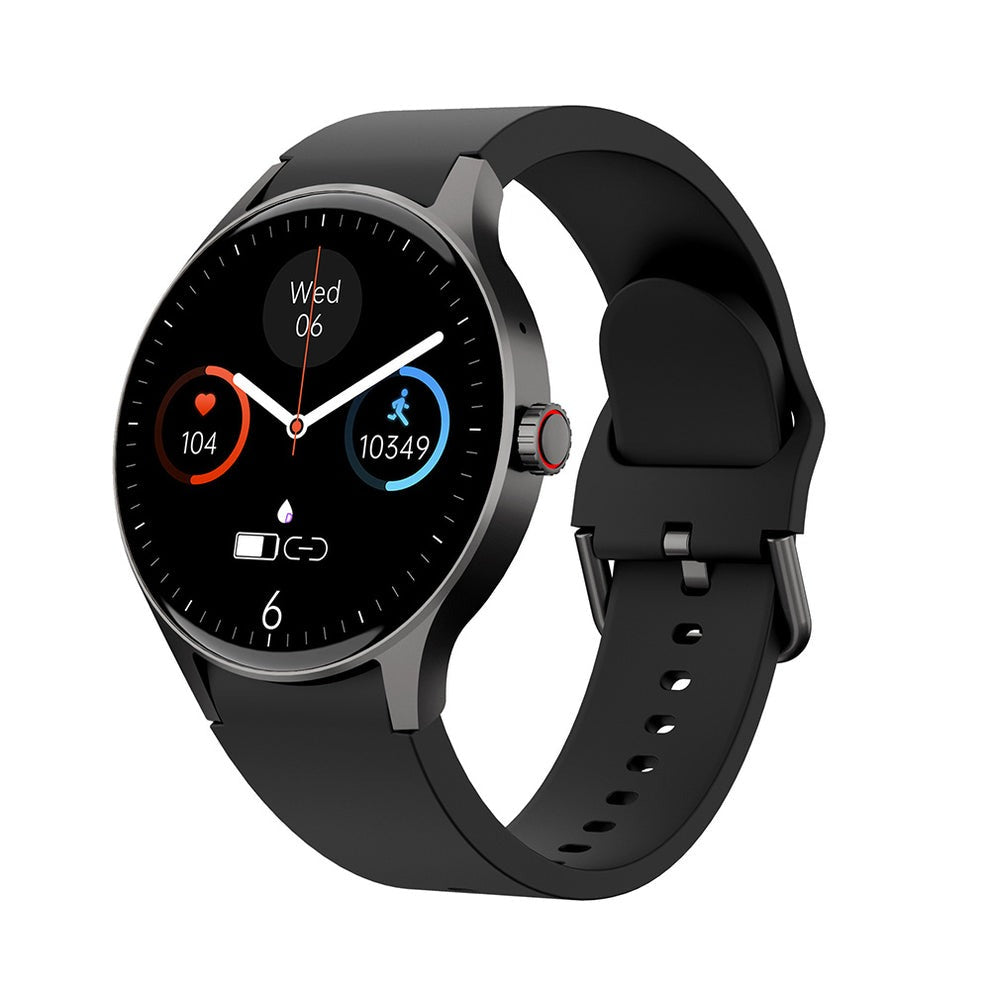 Fitlybuy Kexi-Life Watch 3 Pro black smartwatch with round dial, health tracking widgets, and silicone strap.