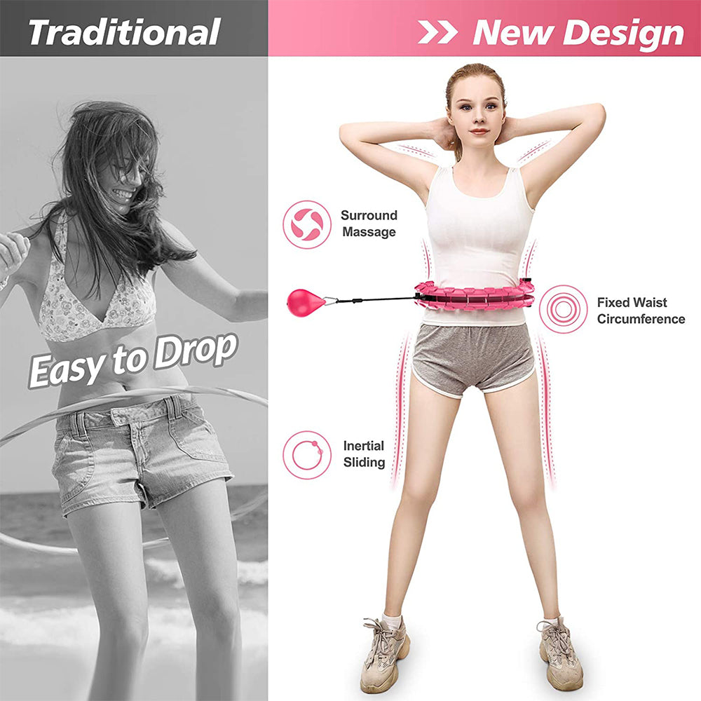 Fitlybuy pink smart hula hoop with weighted ball, shown on a woman to highlight massage and fixed waist features.