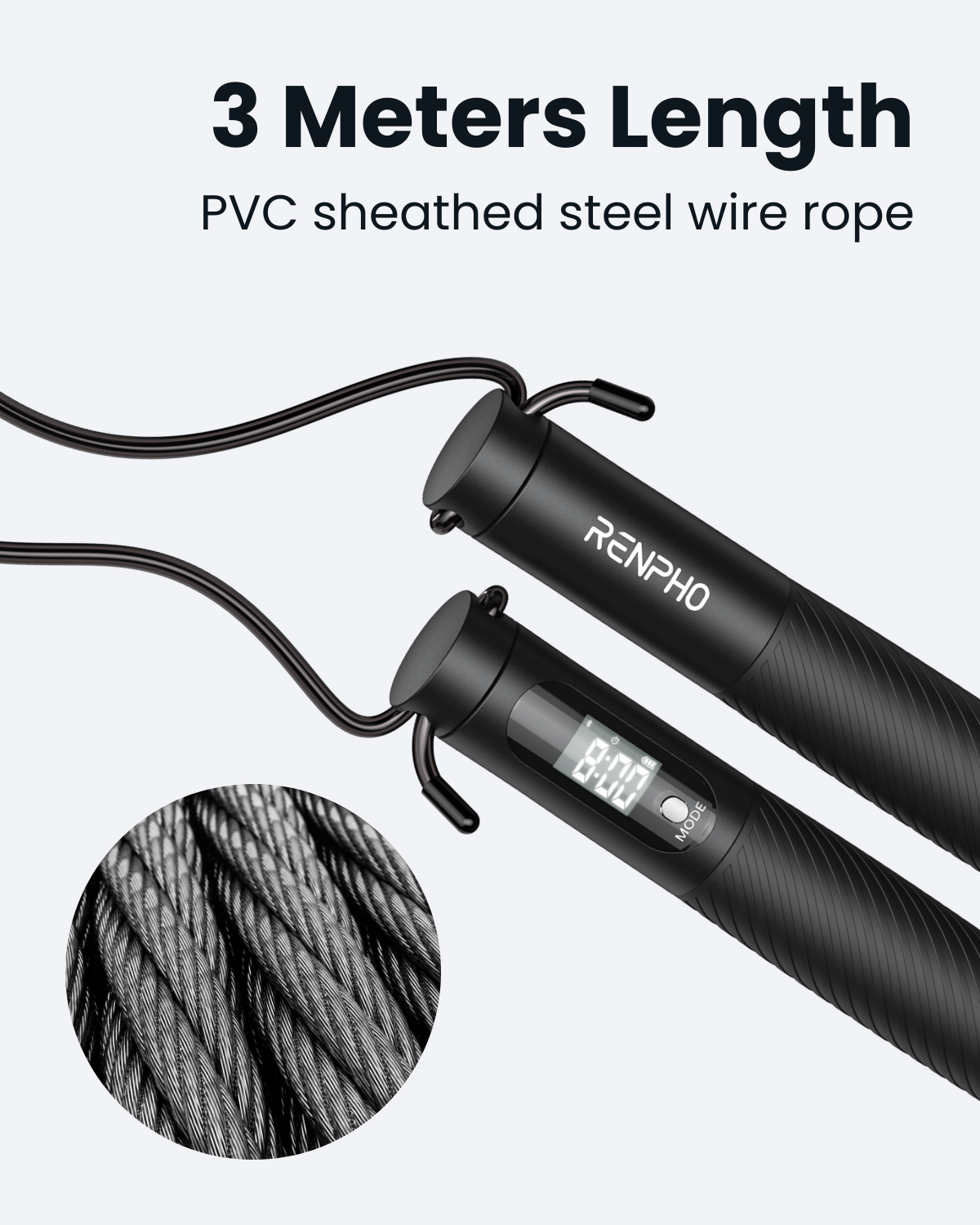 Black Fitlybuy smart jump rope with digital display, textured handles, and durable 3-meter PVC-sheathed steel wire.