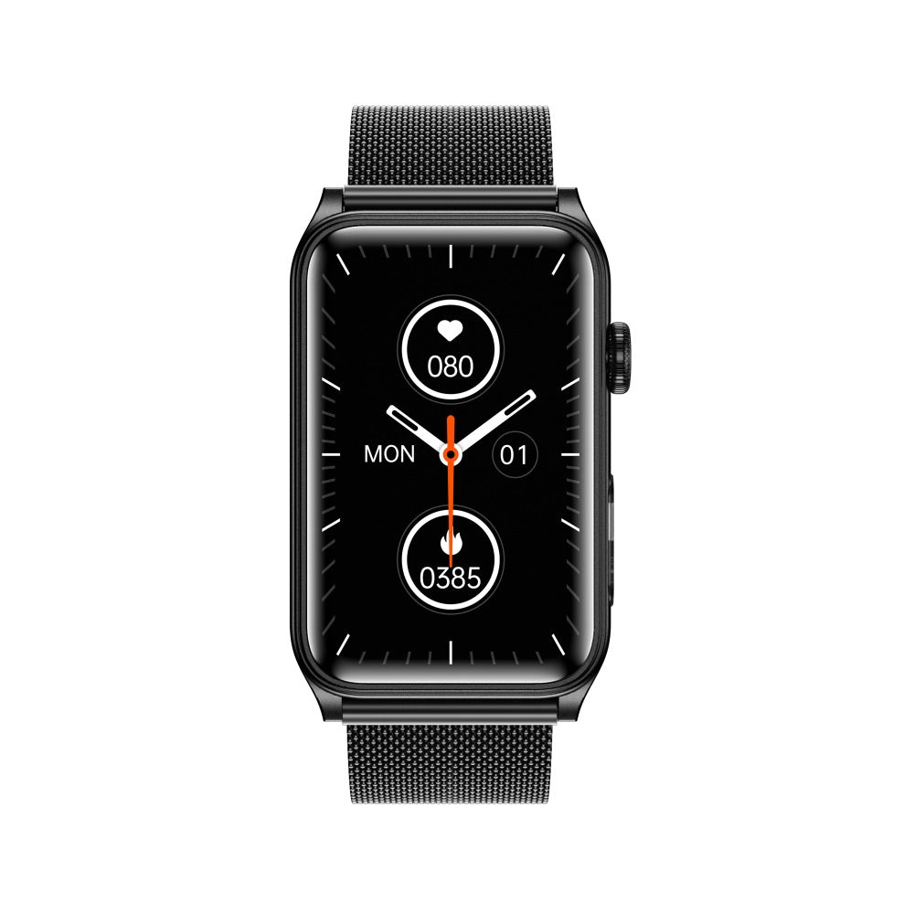 Black Fitlybuy Kexi-Life smartwatch with mesh band, digital health display, heart rate, and fitness tracking metrics.