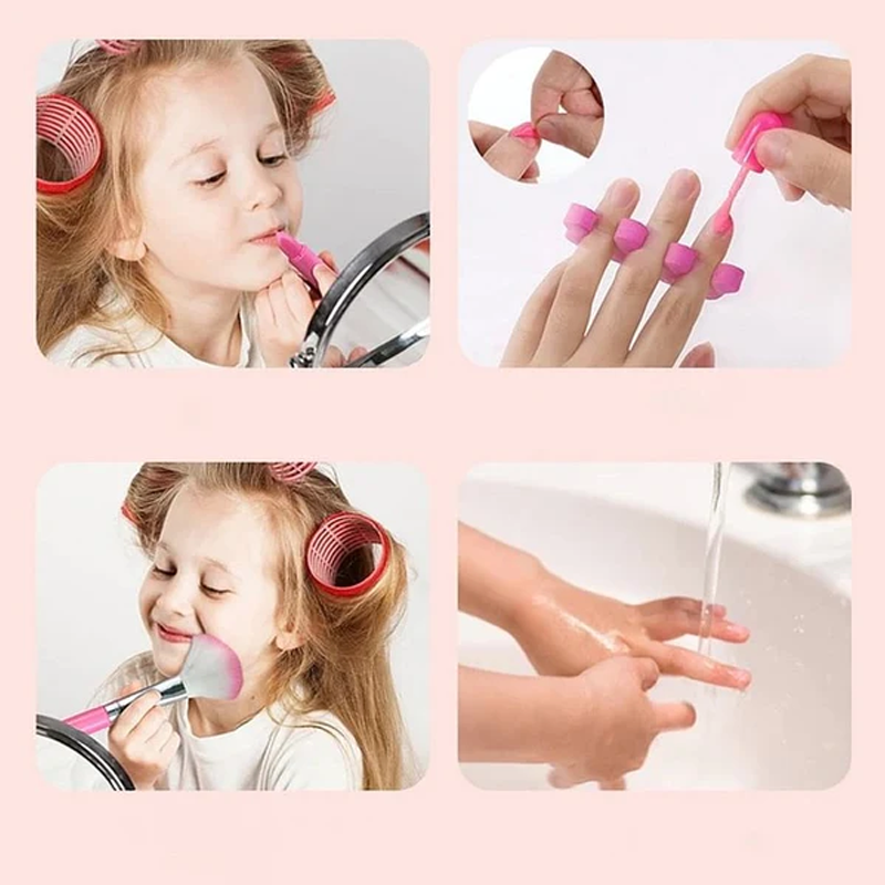 Girl using pink Fitlybuy Princess Glamour makeup play set, including rollers, lipstick, brush, and washable nail polish.