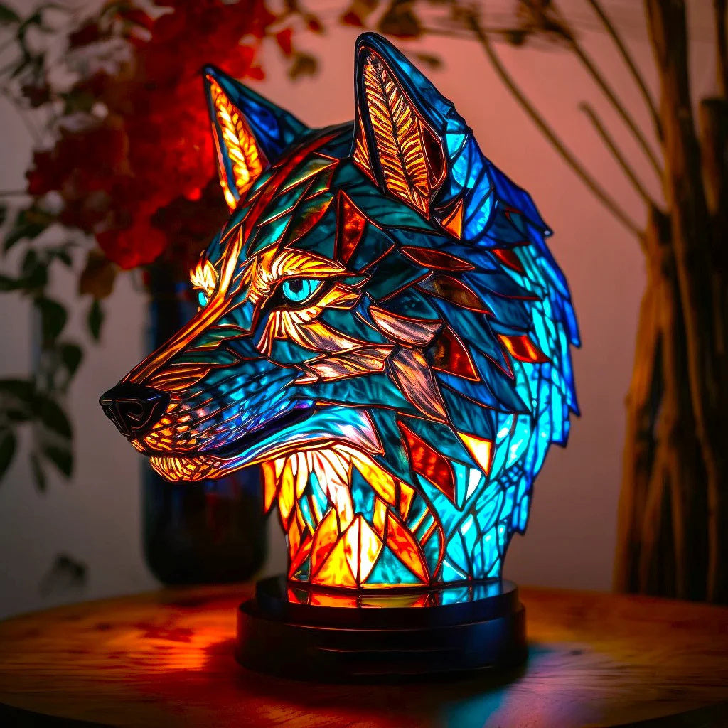 Stained glass wolf-shaped ambient lamp in blue and orange hues, resting on a wooden table in a decorative setting.