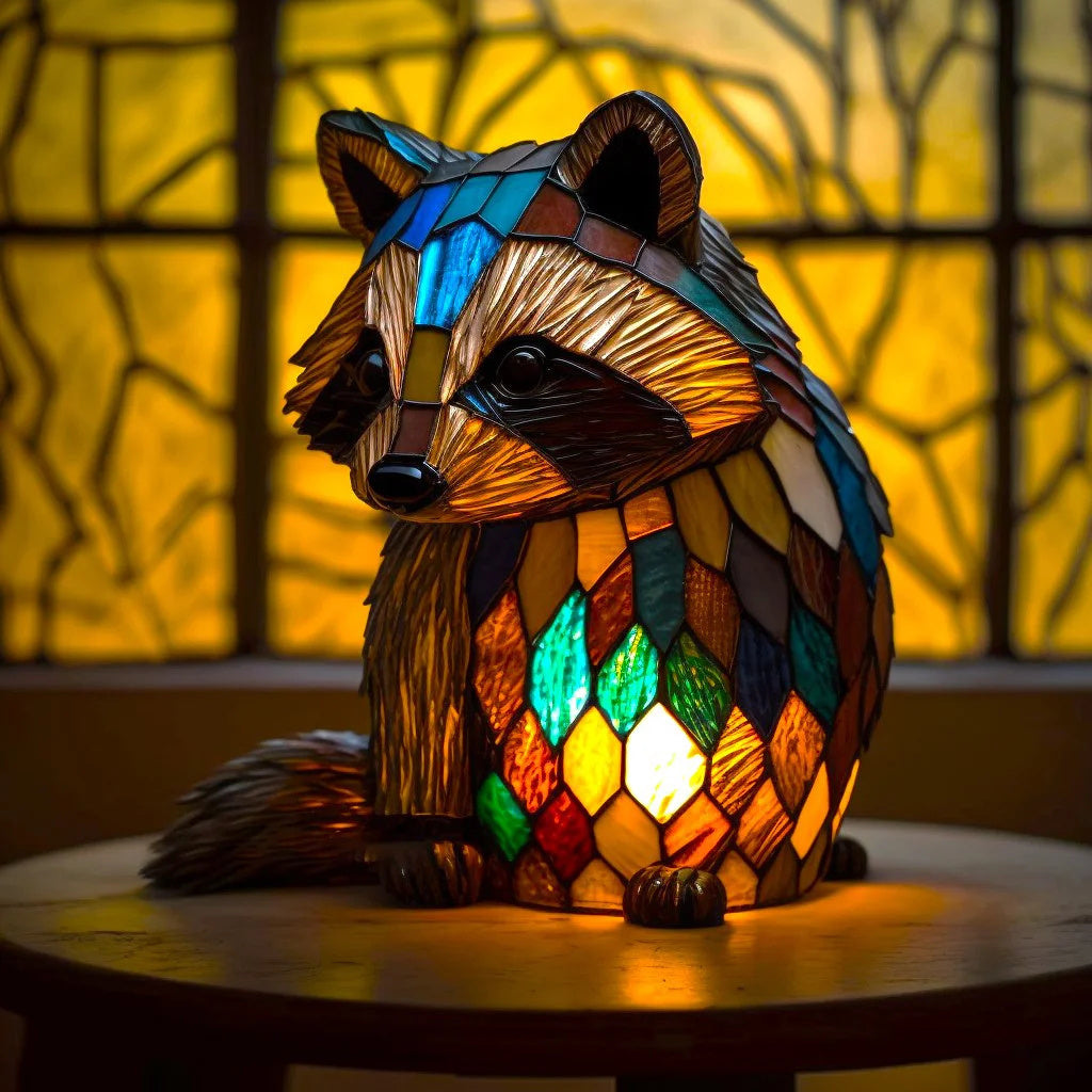 Fitlybuy stained glass raccoon lamp with multi-colored geometric tiles, glowing with warm ambient light on a table.