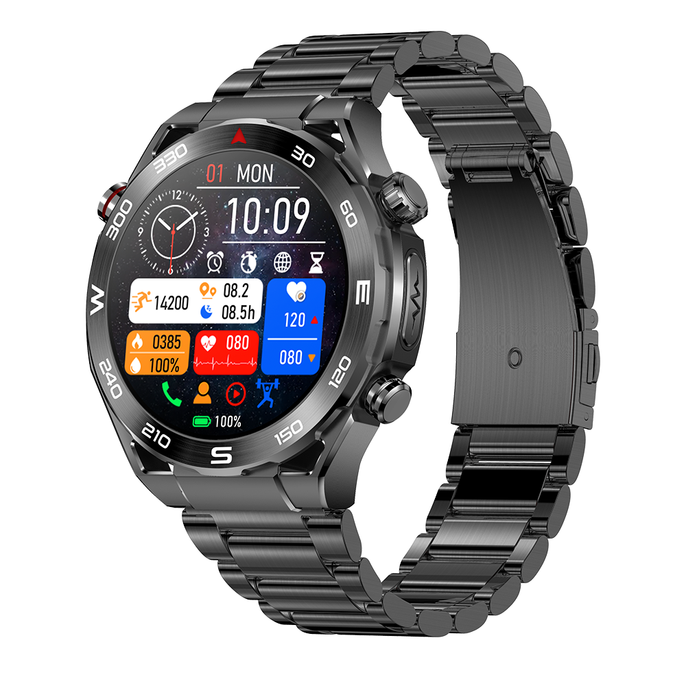Black Fitlybuy Kexi-Life Max 1 smartwatch with metal link band, digital health monitor display, and side buttons.