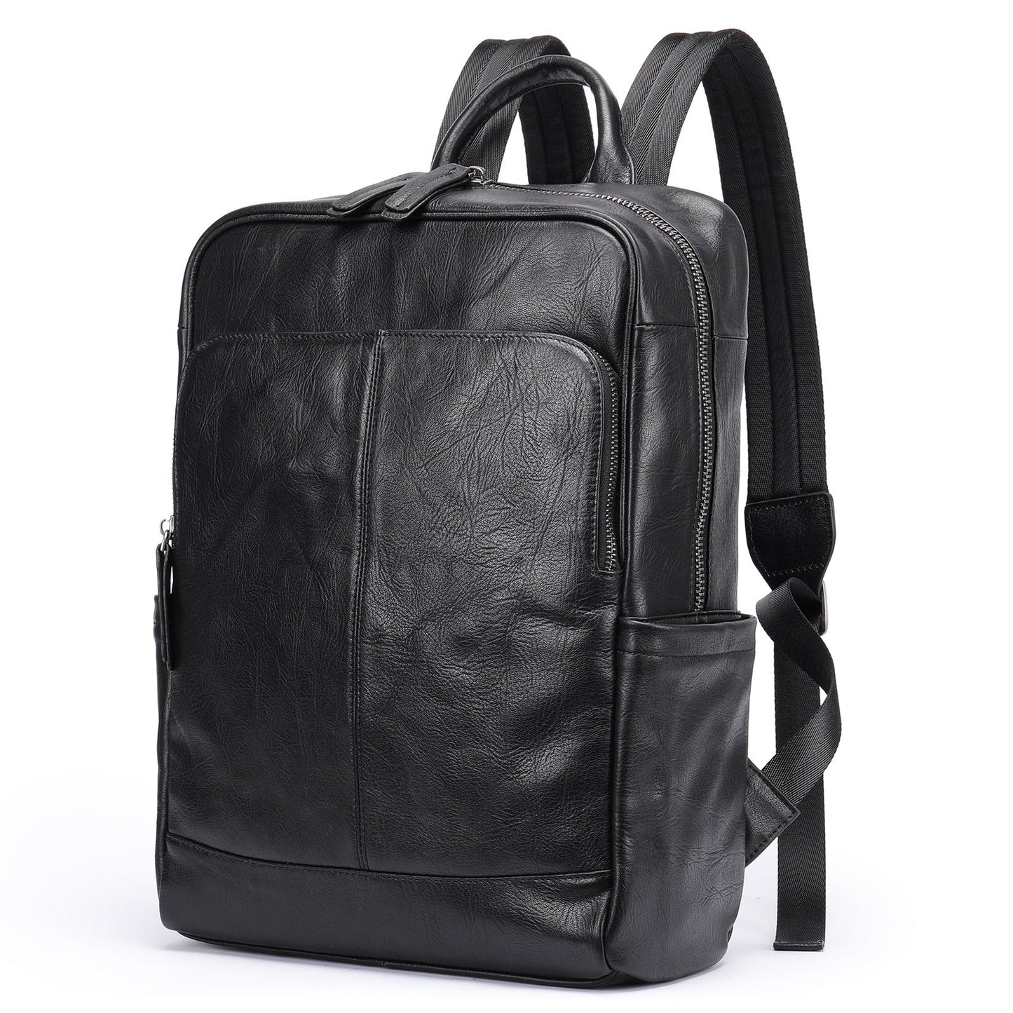 Fitlybuy black leather laptop backpack with a sleek, textured design, padded shoulder straps, and silver zippers.
