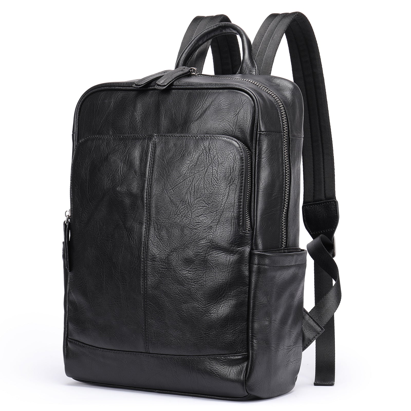 Fitlybuy black leather laptop backpack with a sleek, textured design, padded shoulder straps, and silver zippers.