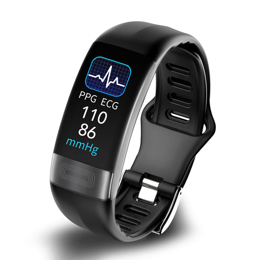 Black Fitlybuy Kexi-Life P11 smart bracelet showing ECG, PPG, and blood pressure readings on a digital screen.