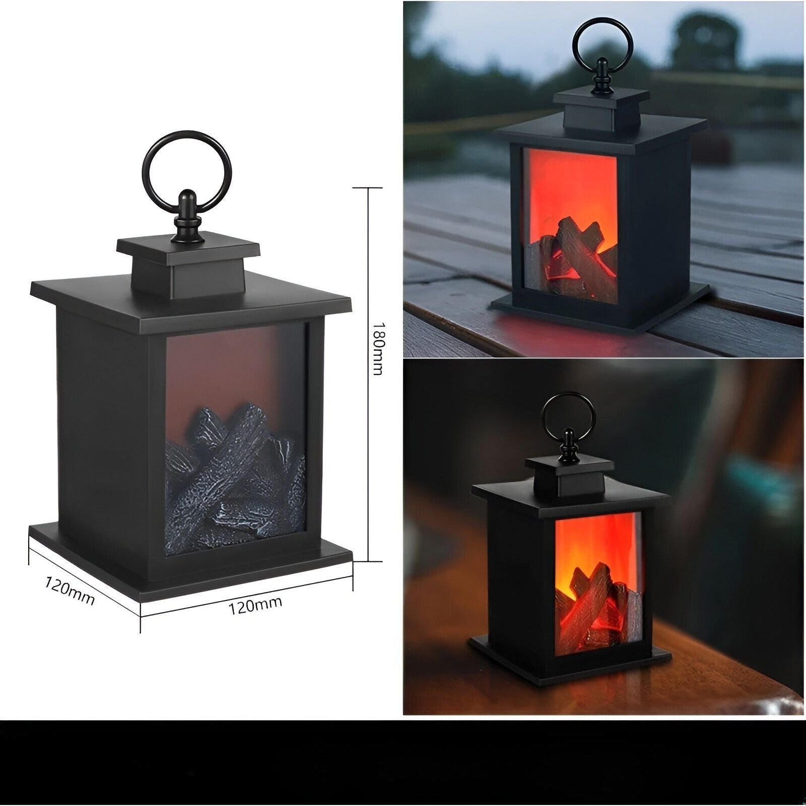 Black Fitlybuy RadiantFlame LED lantern with realistic faux-log fire effect, featuring a hanging ring and 180mm height.