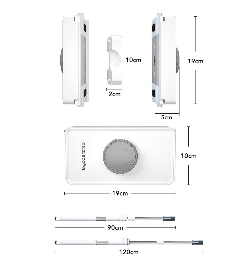 White Fitlybuy dual-sided magnetic window cleaner with dimensions and extendable telescopic handle from 90cm to 120cm.