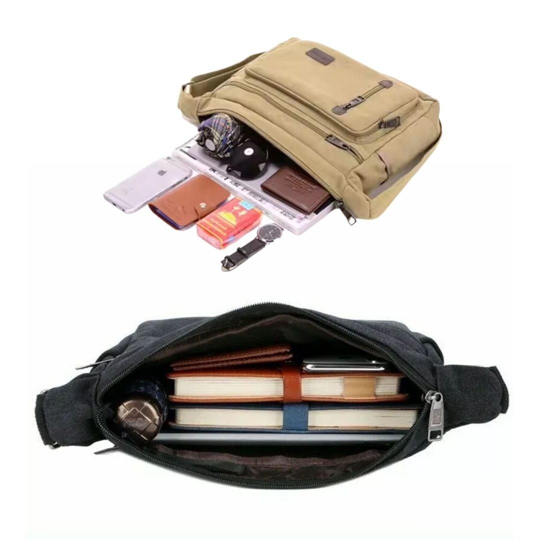 Fitlybuy TravelPro shoulder bags in beige and black, showing spacious interiors organized with travel essentials.