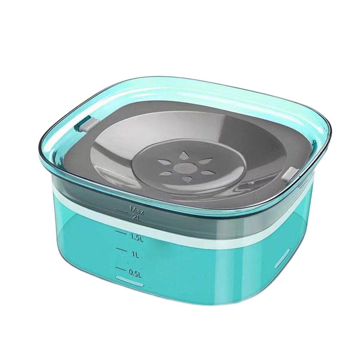 Fitlybuy anti-spill teal pet water bowl with grey splash-proof lid and 2L measurement markings for dogs and cats.